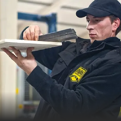 Worker in black cap and jacket inspects a white tile with a handheld device in a workshop.