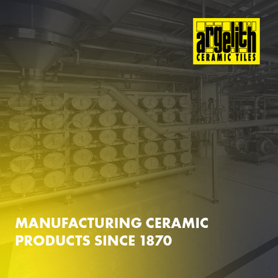 Angelo Ceramic Tiles logo over industrial warehouse with yellow gradient and “Manufacturing ceramic products since 1870” text