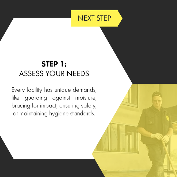 Slide with “Step 1: Assess your needs” and a worker in yellow-tinted industrial setting.