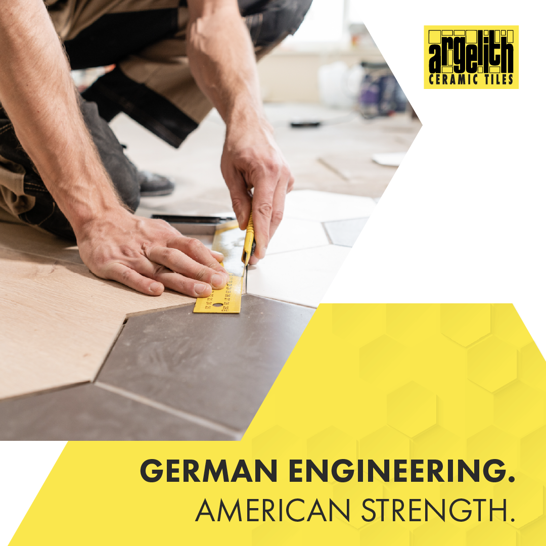 Hands installing gray floor tiles with a yellow tool; text reads “German Engineering. American Strength.”