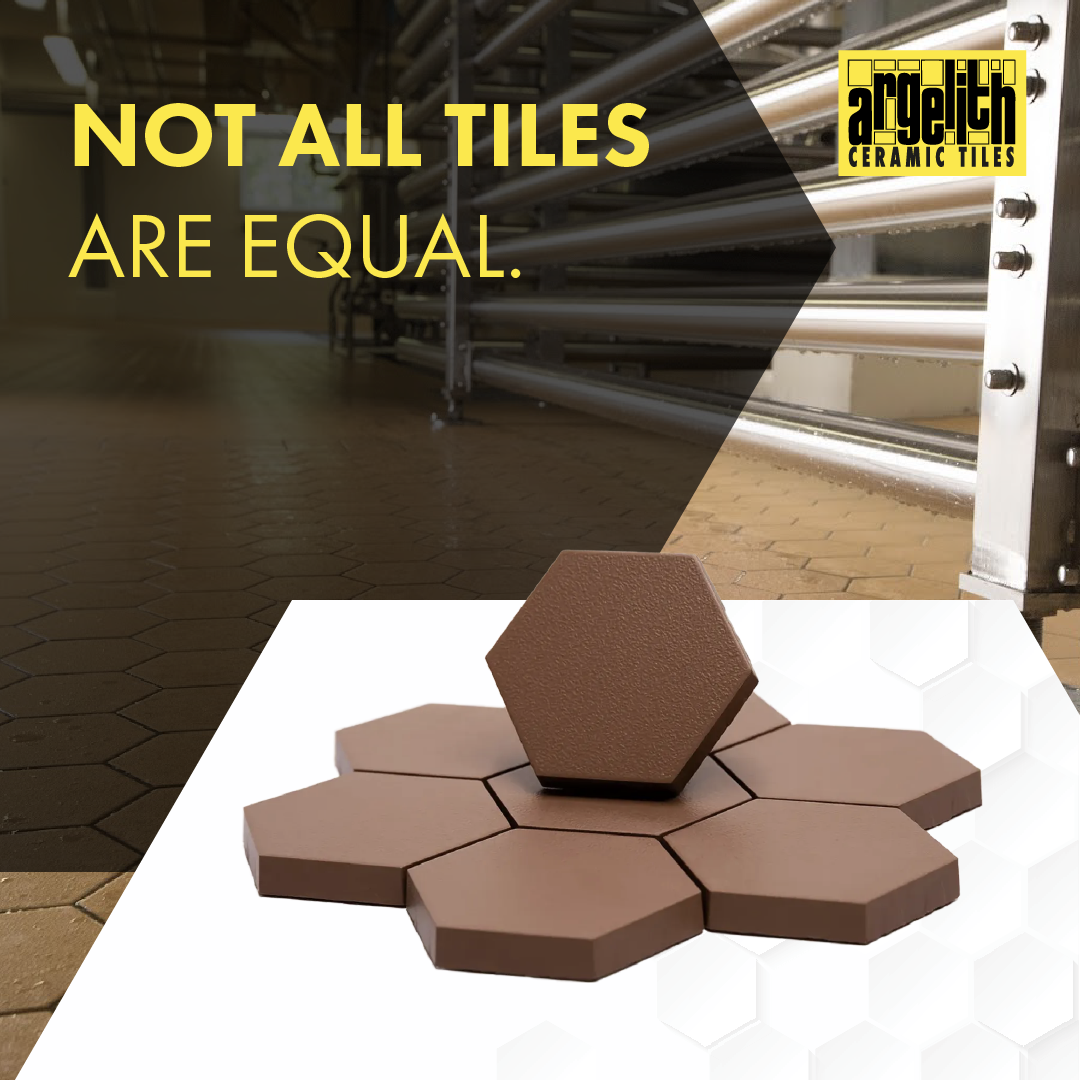 Promotional graphic of brown hexagonal pavers with the text “NOT ALL TILES ARE EQUAL.”