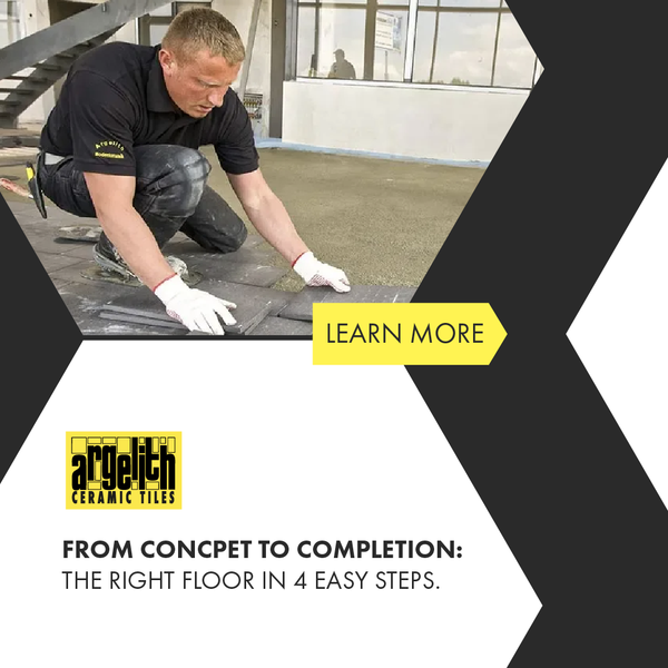Worker kneels on floor with trowel; yellow “Learn More” banner and tagline about right floor in 4 easy steps.
