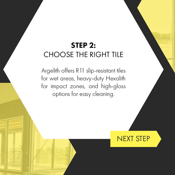 Step 2: Choose the right tile; white hexagon panel with yellow “Next Step” button.
