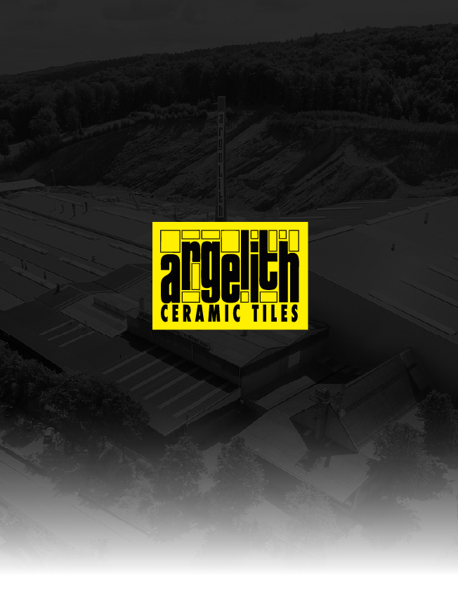Yellow Argelith Ceramic Tiles logo centered on a dark aerial landscape background