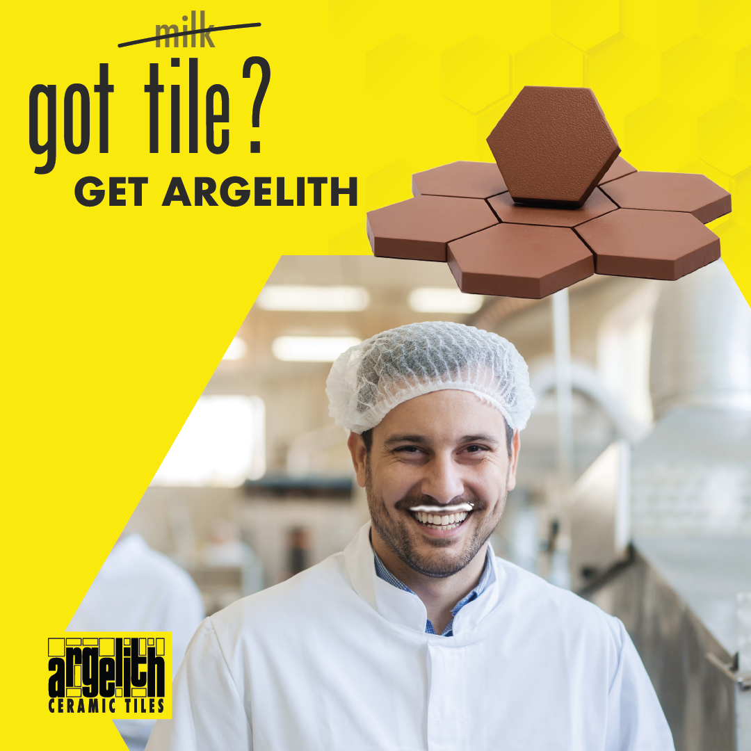 Promotional ad for Argelith tile, with yellow background, tile graphic, and smiling chef in a kitchen