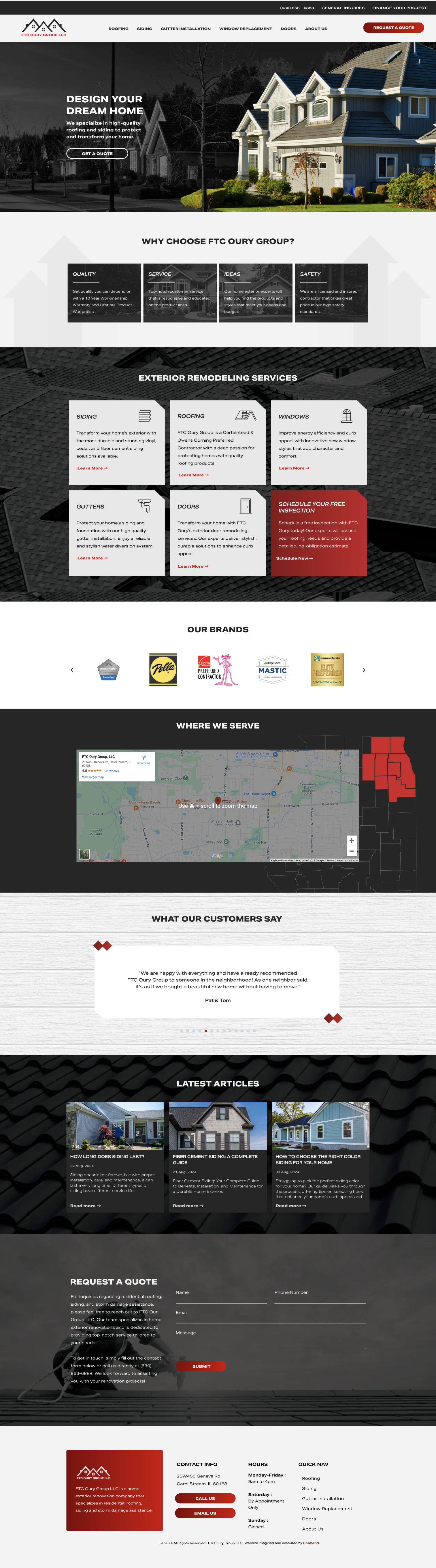 Website homepage mockup with dark hero banner, cards, maps, and a white section with red accents