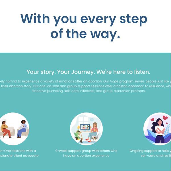 Blue banner with the text “With you every step of the way” and three illustrated support icons below.