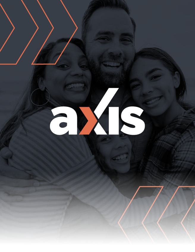 Axis logo over a grayscale photo of four smiling people, with orange chevron accents