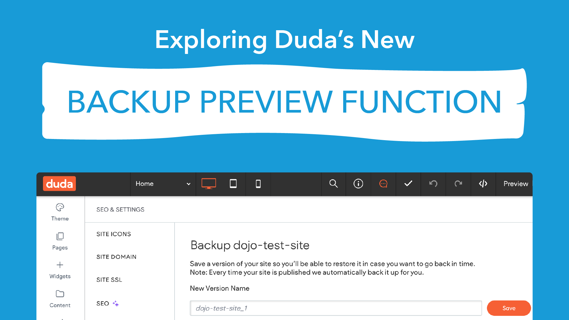 Blue banner reading “Exploring Duda’s New BACKUP PREVIEW FUNCTION” above a website dashboard screenshot