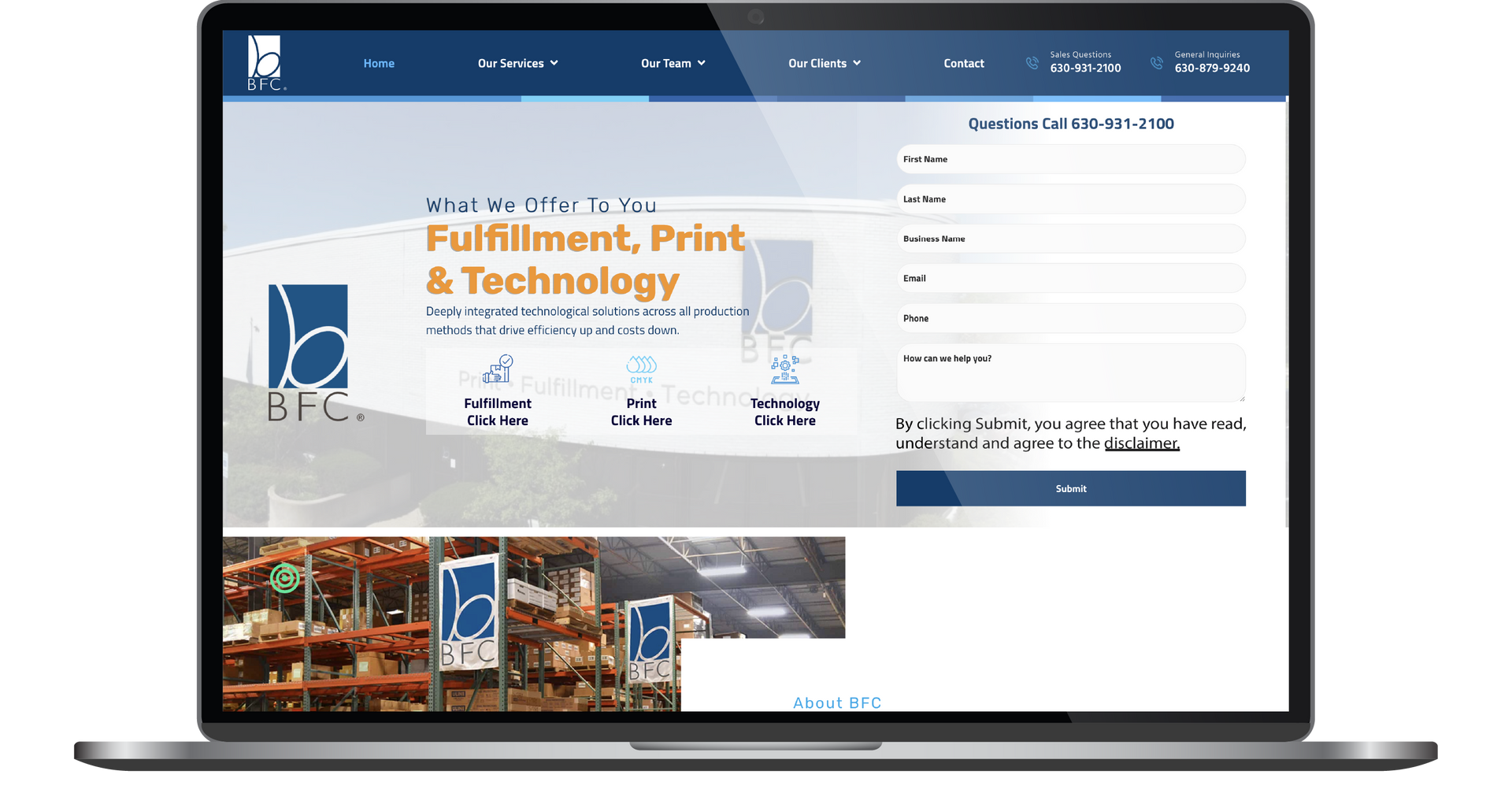 Laptop screen showing a blue website homepage with text and a sidebar menu.