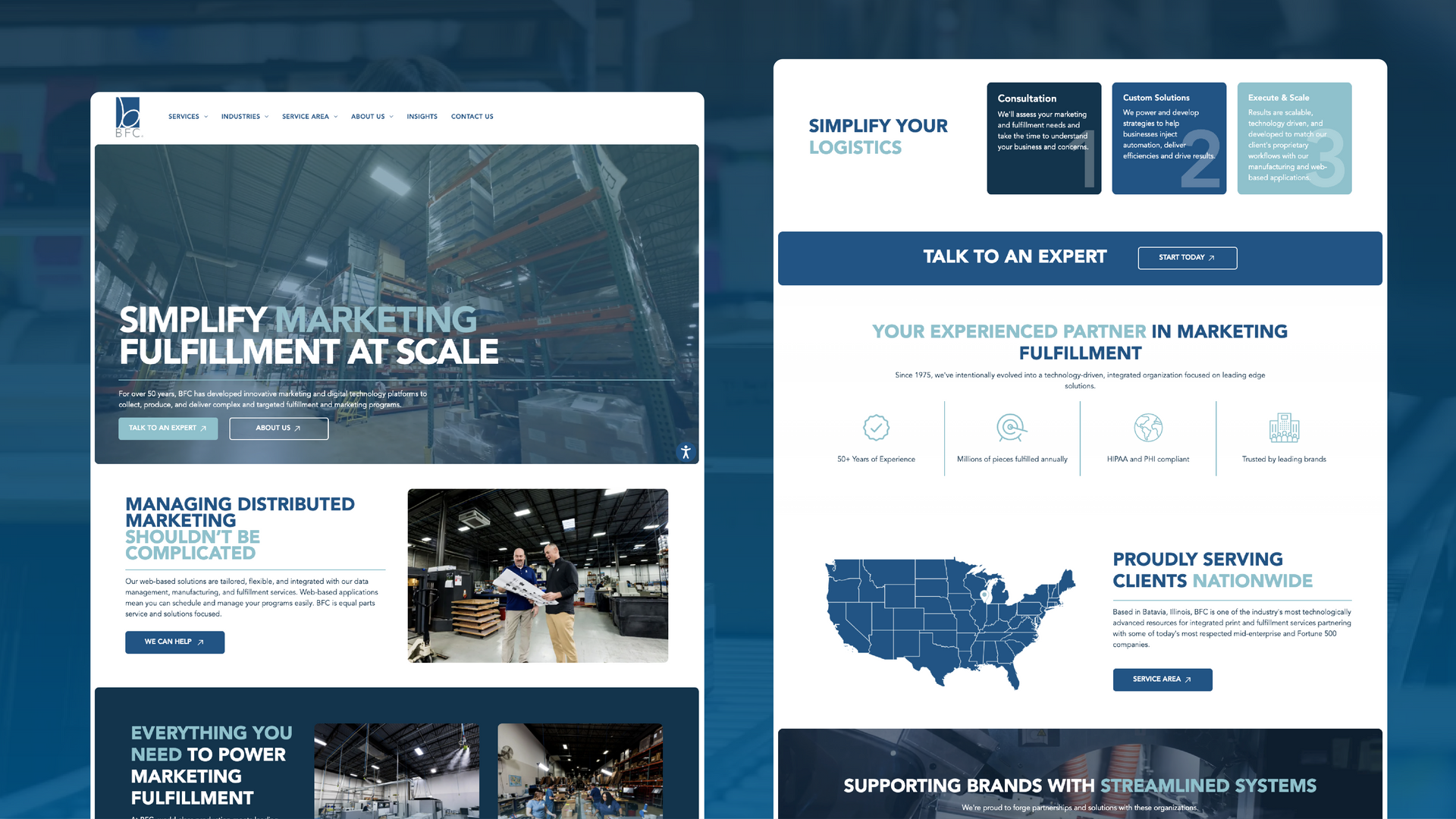 Two blue-and-white website homepage mockups shown side by side, with hero banners and content sections