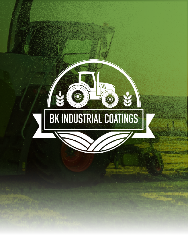 BK Industrial Coatings logo over a green-tinted tractor and field scene
