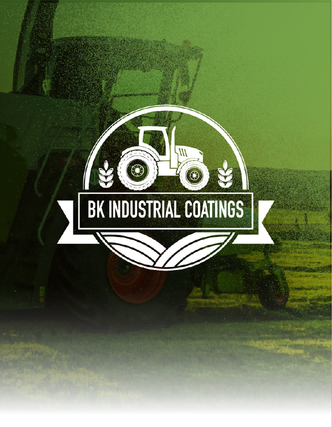 BK Industrial Coatings logo on a green-tinted tractor background
