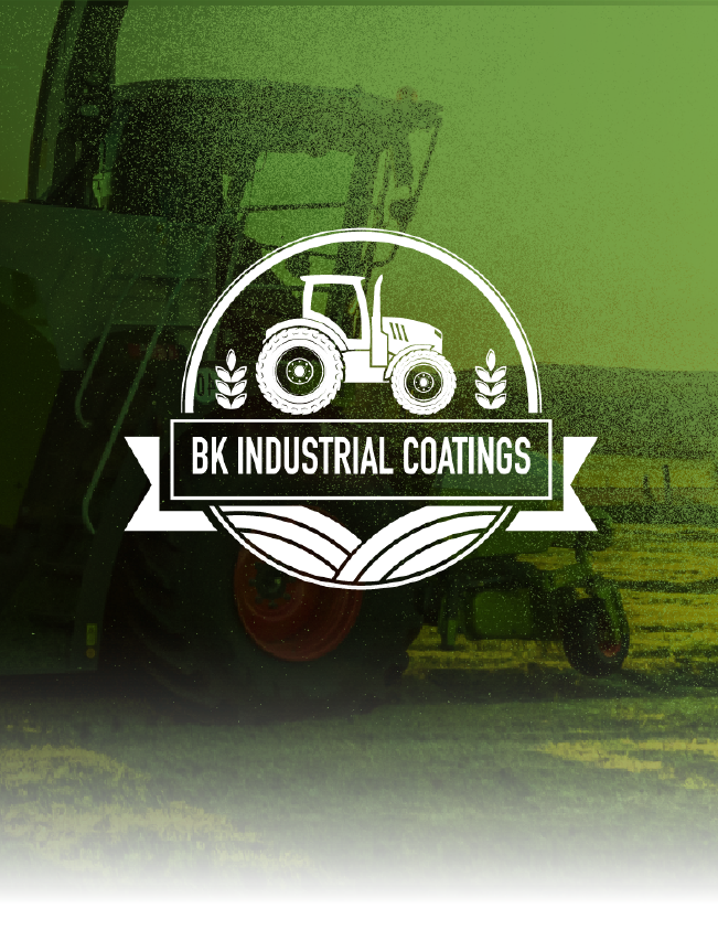 BK Industrial Coatings logo on a green background with a tractor icon and farm field graphic