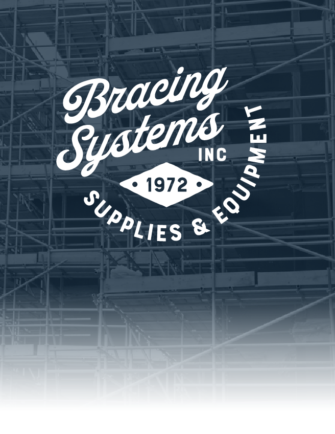 Bracing Systems Inc. logo over blue scaffolding background, with “Since 1972” and “Supplies & Equipment” text