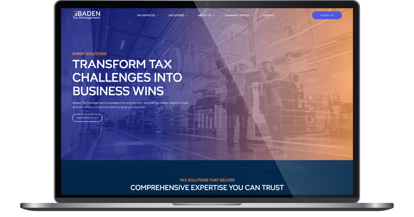 Laptop displaying a blue-orange business website with “TRANSFORM TAX CHALLENGES INTO BUSINESS WINS” headline