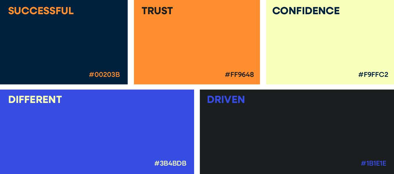 Five-color layout with words SUCCESSFUL, TRUST, CONFIDENCE, DIFFERENT, and DRIVEN on colored blocks