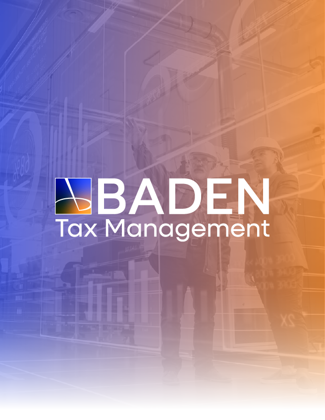 BADEN Tax Management logo over blue-to-orange office background