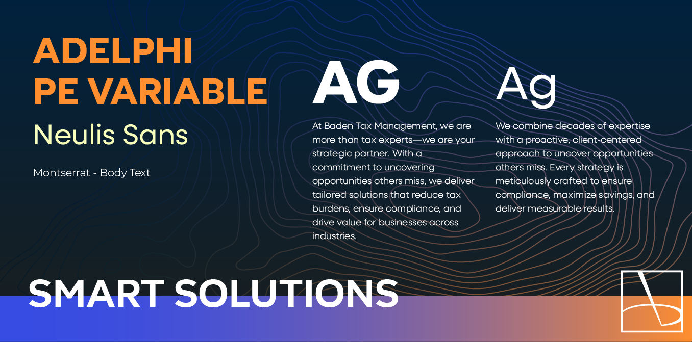 Dark blue AG PE variable flyer with white text and “SMART SOLUTIONS” at bottom; orange accent corner.