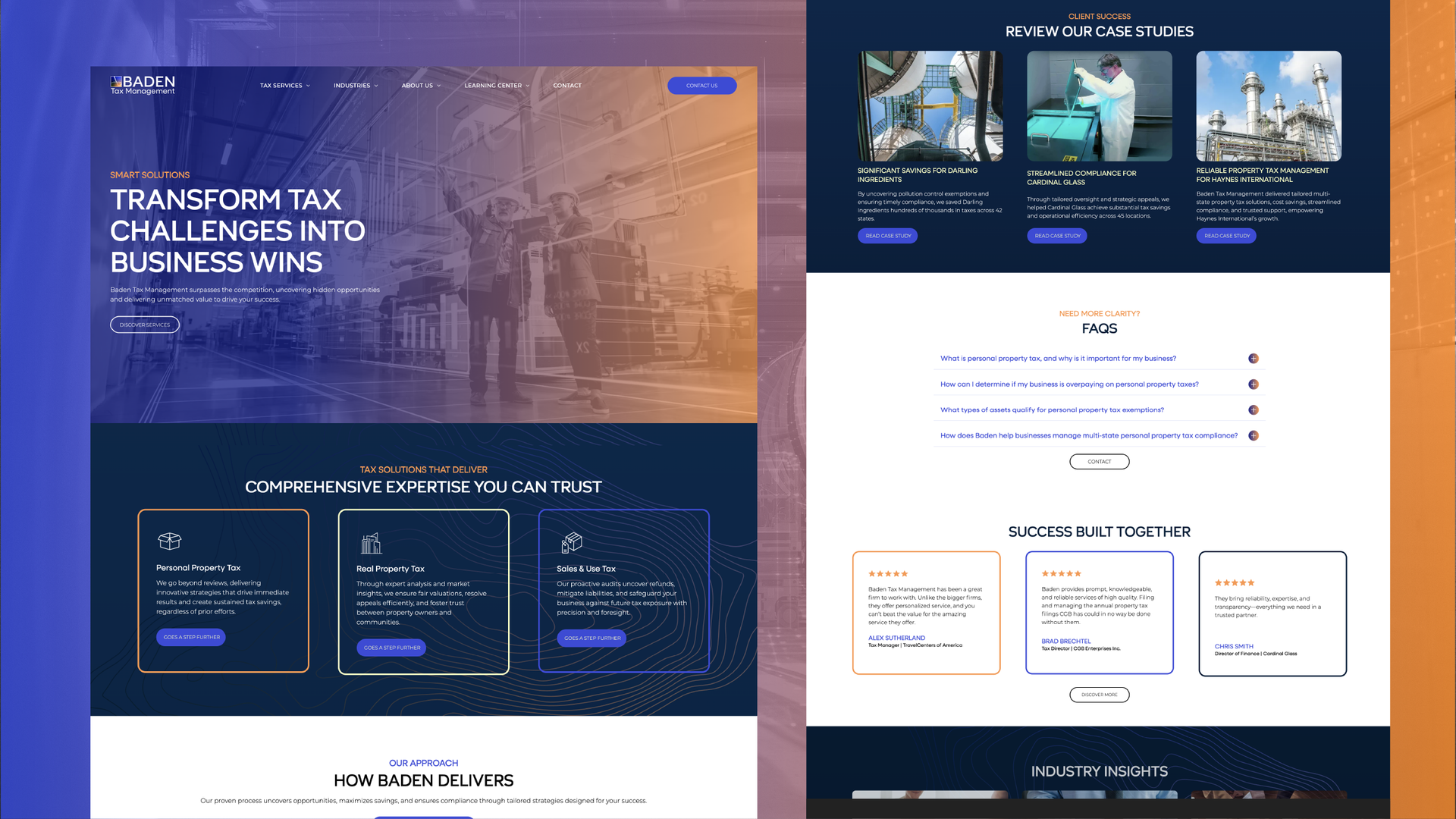 Blue-and-white website homepage mockup with a hero banner, feature cards, and product sections