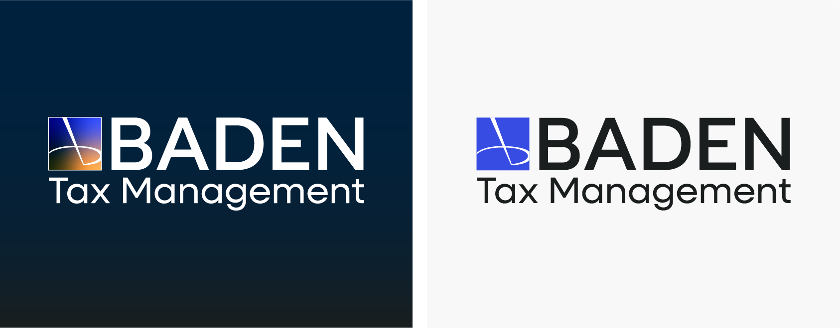 Baden Tax Management logo on dark blue and white backgrounds, with blue square icon and white text