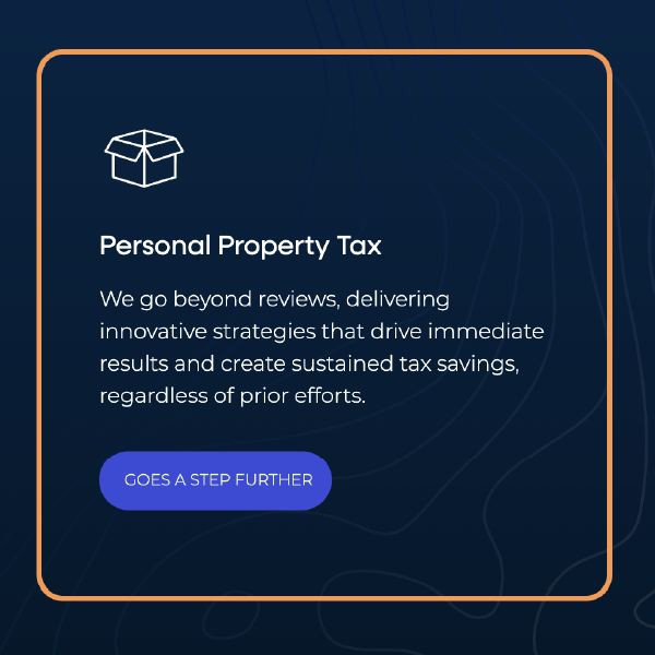 Dark blue service card with orange border promoting Personal Property Tax and a “GOES A STEP FURTHER” button