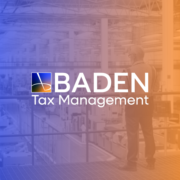 BADEN Tax Management logo over a blue-orange office background with a person standing near shelves