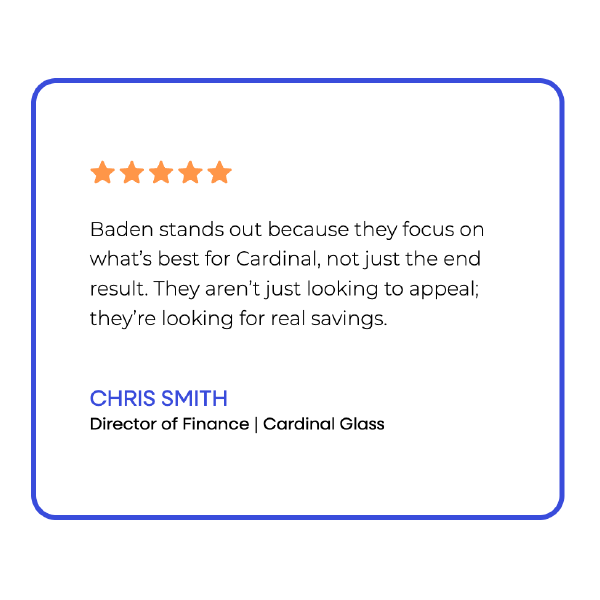 Customer testimonial card with five orange stars and blue border, praising Cardinal Glass's focus on real savings.