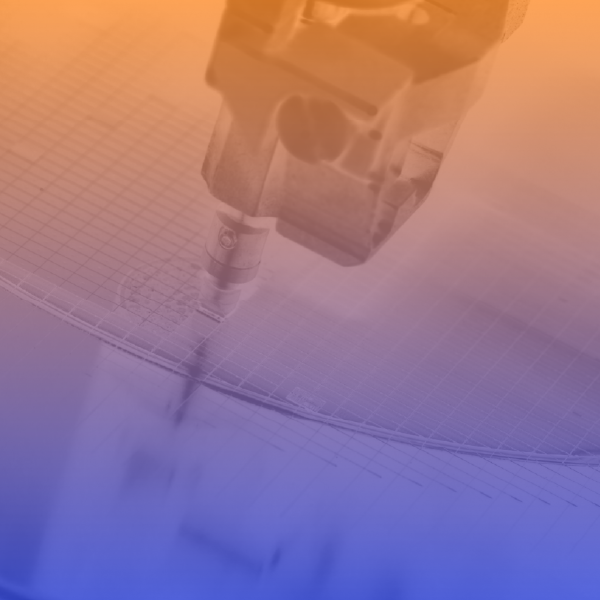 3D printer nozzle depositing filament on a curved surface, tinted orange and blue