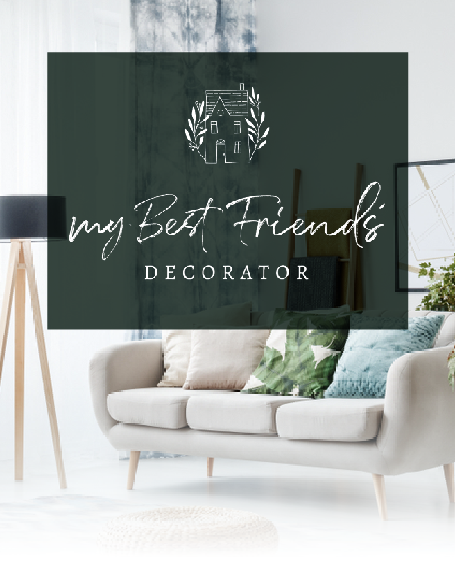 Logo over a modern living room with a sofa, pillows, and soft neutral decor