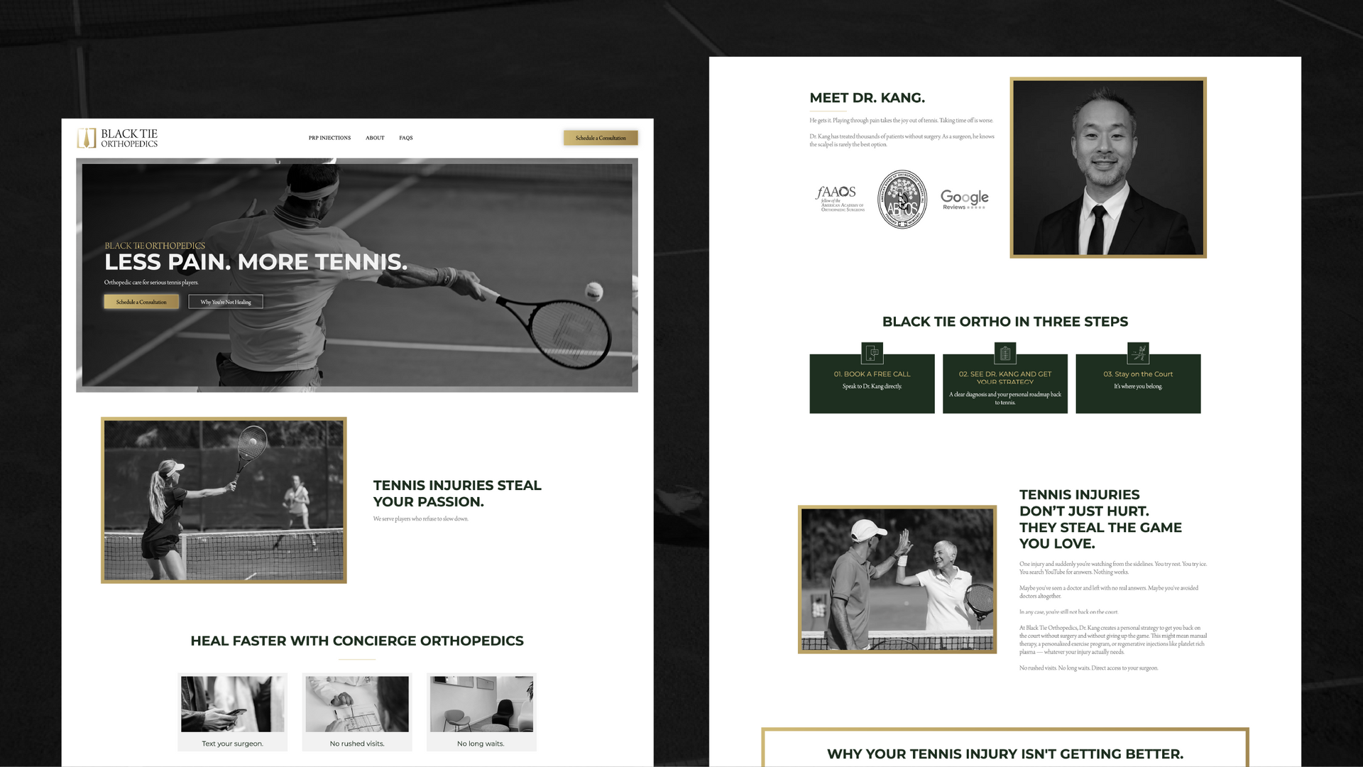 Two website homepage mockups with dark blue headers, hero banners, and article blocks in a responsive layout