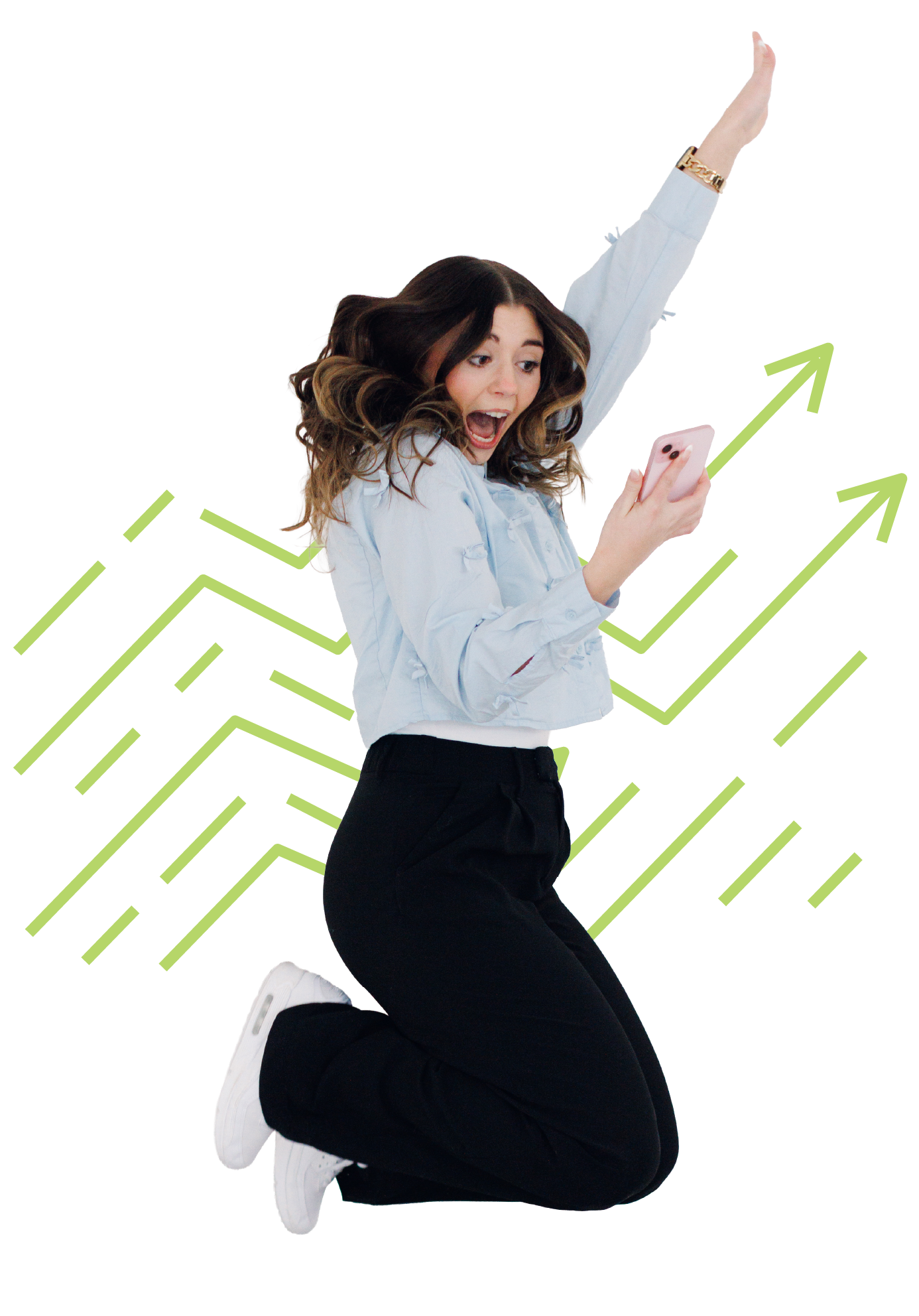 Woman jumping with arms raised, smiling, against a white background with green upward arrows.