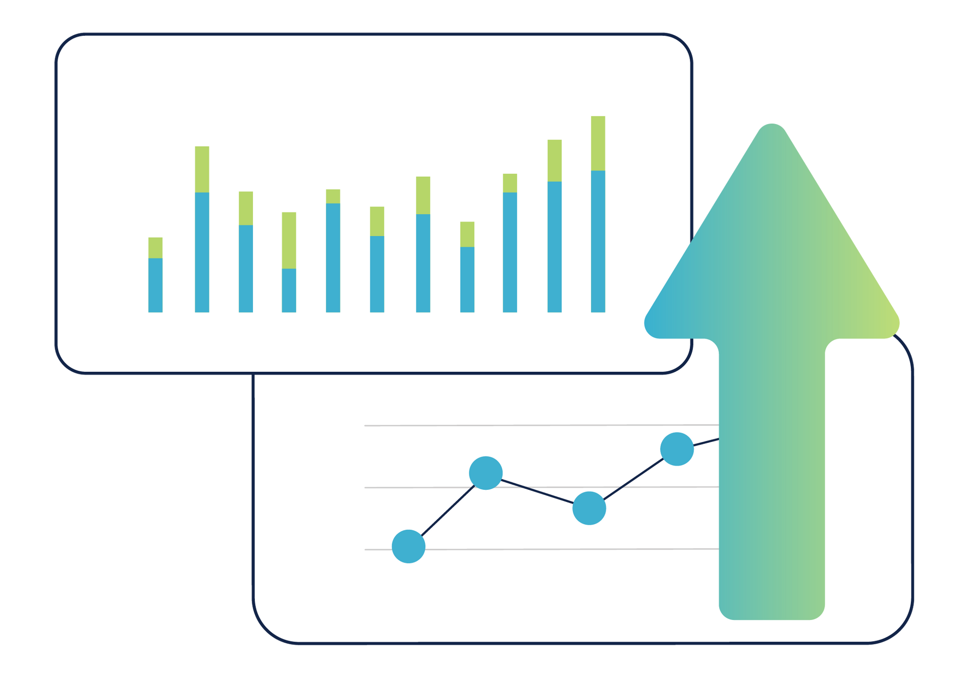Charts with rising green arrow and bar graph, showing upward growth trend