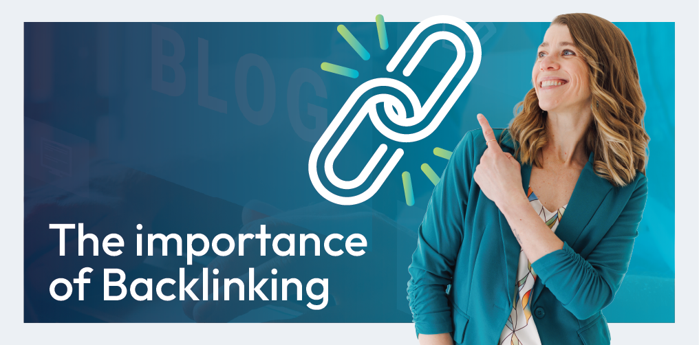 Backlinking banner with chain icon and woman pointing, on blue background