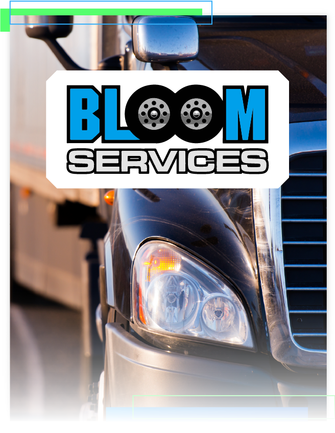 Bloom Services logo over a close-up of a blue truck front grille and headlight
