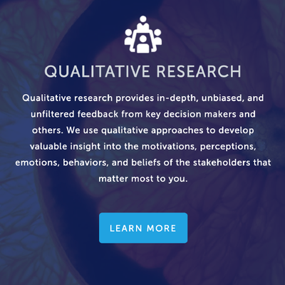 Qualitative research promo with white icon, blue background, descriptive text, and a