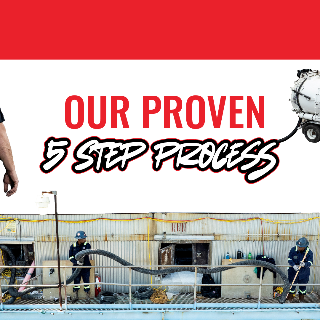 “OUR PROVEN 5 STEP PROCESS” banner with workers spraying a large tank at a construction site