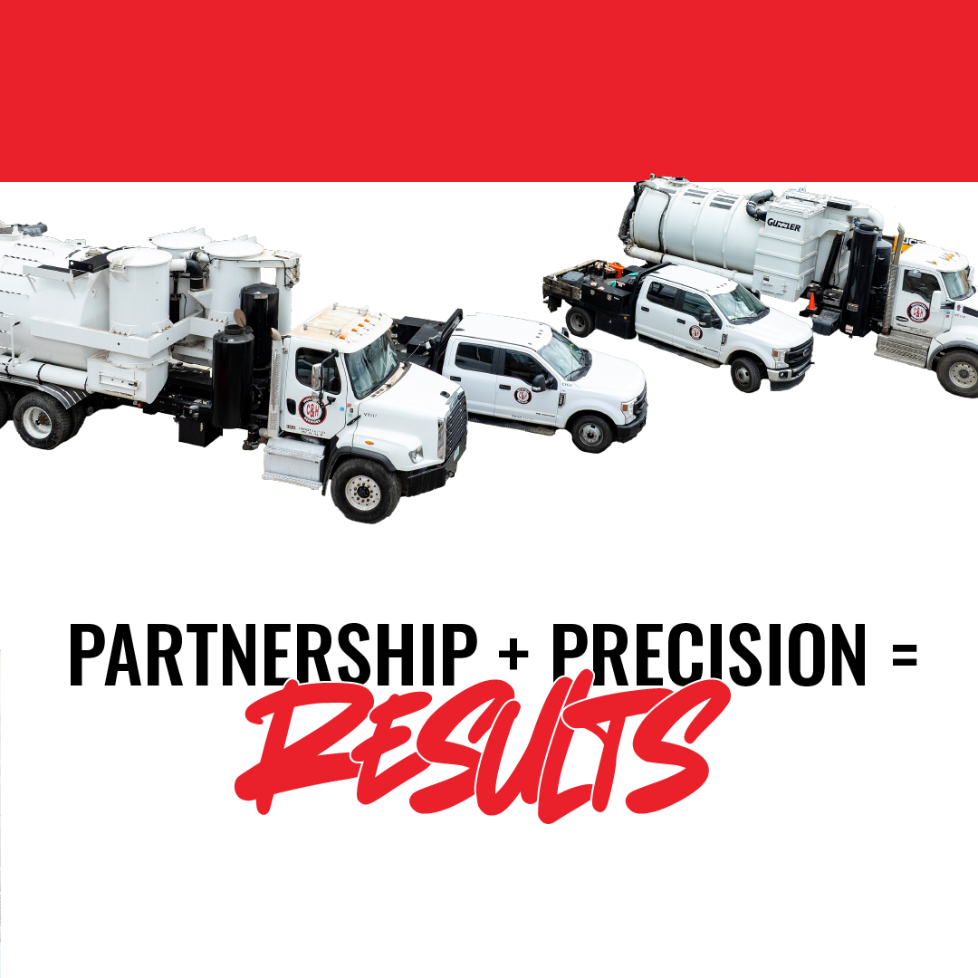 White service trucks aligned under red banner with text: “PARTNERSHIP + PRECISION = RESULTS”