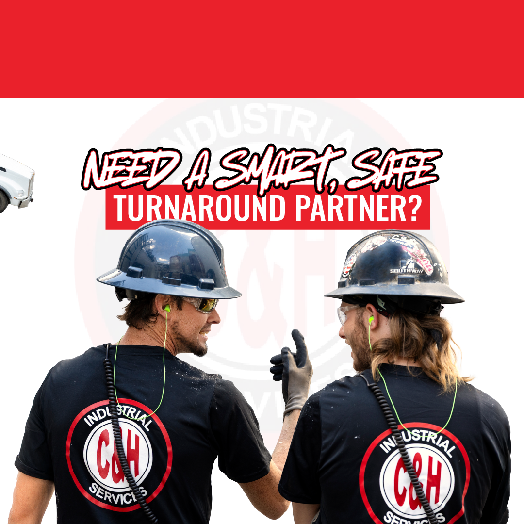 Two construction workers in hard hats facing each other with text asking, “Need a swift, safe turnaround partner?”