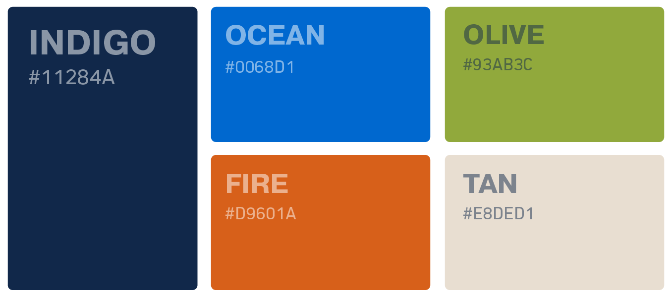 Color palette swatches labeled Indigo, Ocean, Olive, Fire, and Tan with hex codes on colored blocks