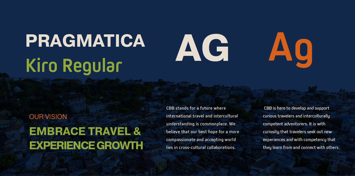Typographic branding slide with PRAGMATICA and Kiro Regular text on a dark blue background, showing large AG and Ag samples