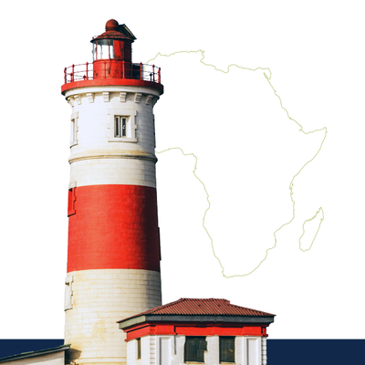 Red-and-white striped lighthouse against a faint outline map of South America