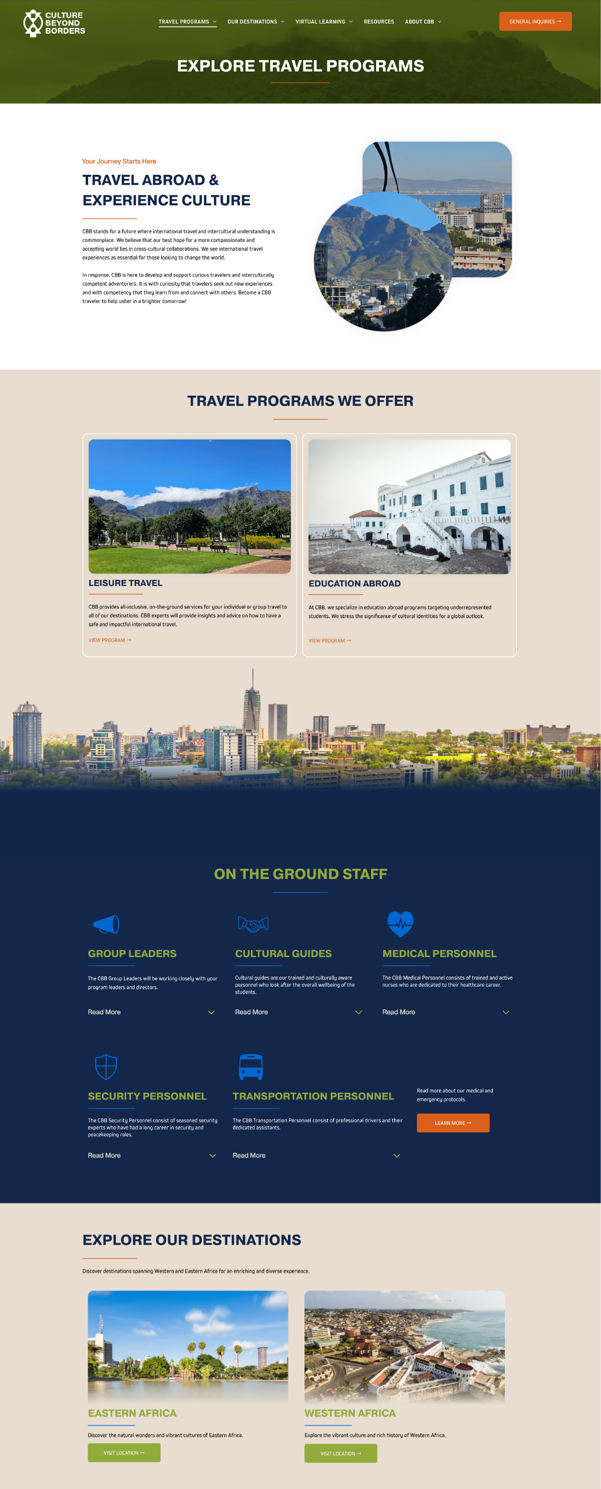 University-style website homepage with campus photos, city skyline, and contact information sections