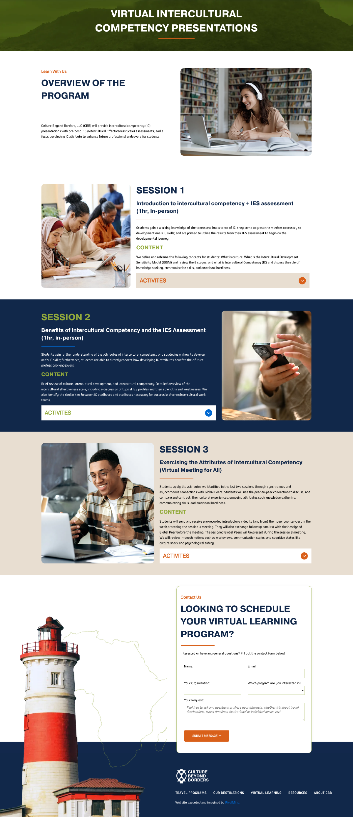 Multi-section webpage with photos, dark blue and beige panels, and a red-and-white lighthouse at the bottom