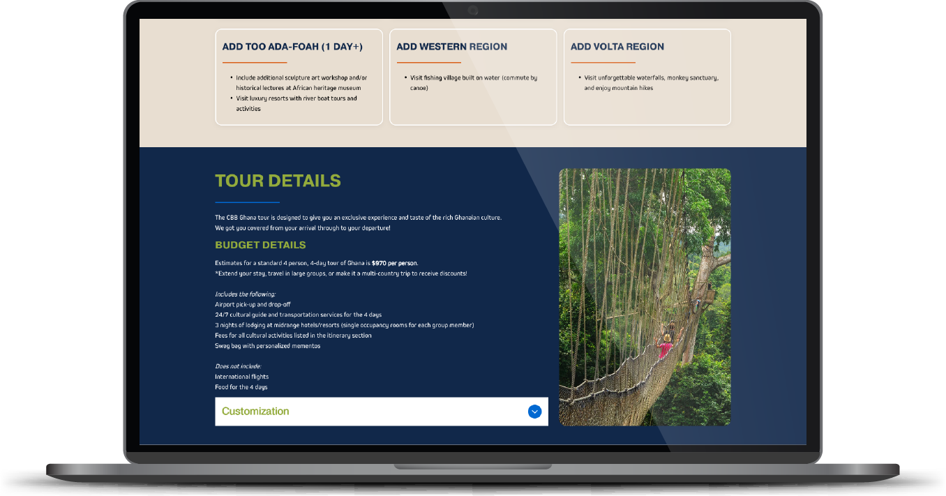 Laptop displaying a dark-blue travel details webpage with text blocks and a small forest photo.