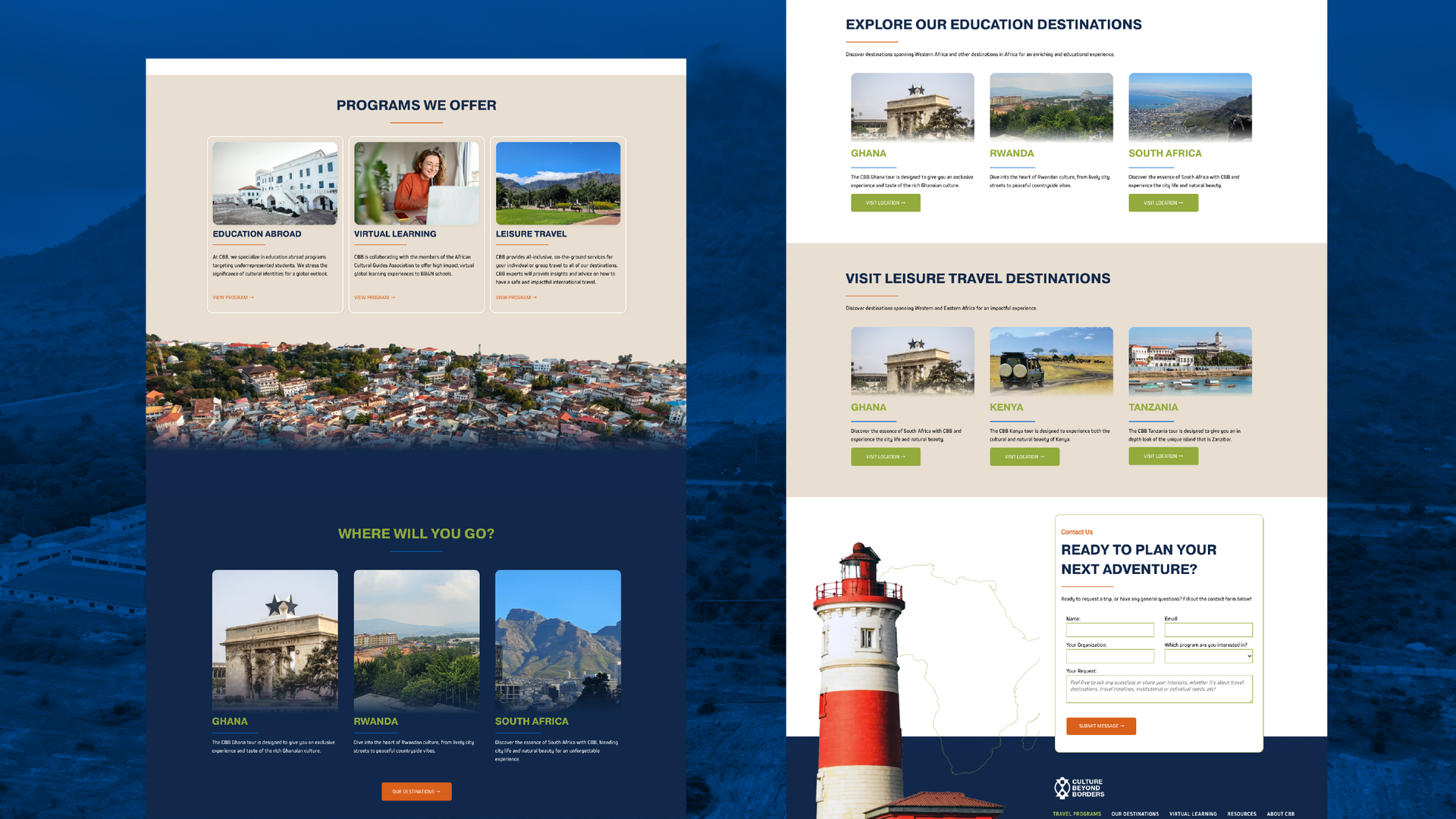 Website mockup with lighthouse and scenic travel photo cards in blue and white layouts