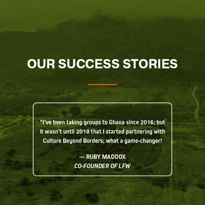 “OUR SUCCESS STORIES” text over a green landscape with a quoted testimonial from Ruby Maddox, co-founder of LFW.