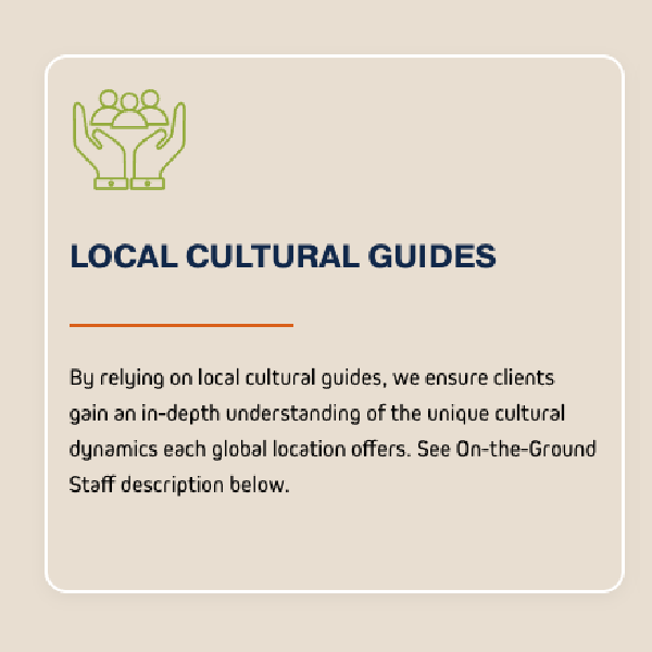 Illustrated card titled “LOCAL CULTURAL GUIDES” with green icon and brief descriptive paragraph on a beige background.