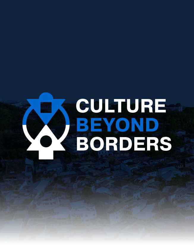 Culture Beyond Borders logo in white and blue on a dark background with a faint cityscape below