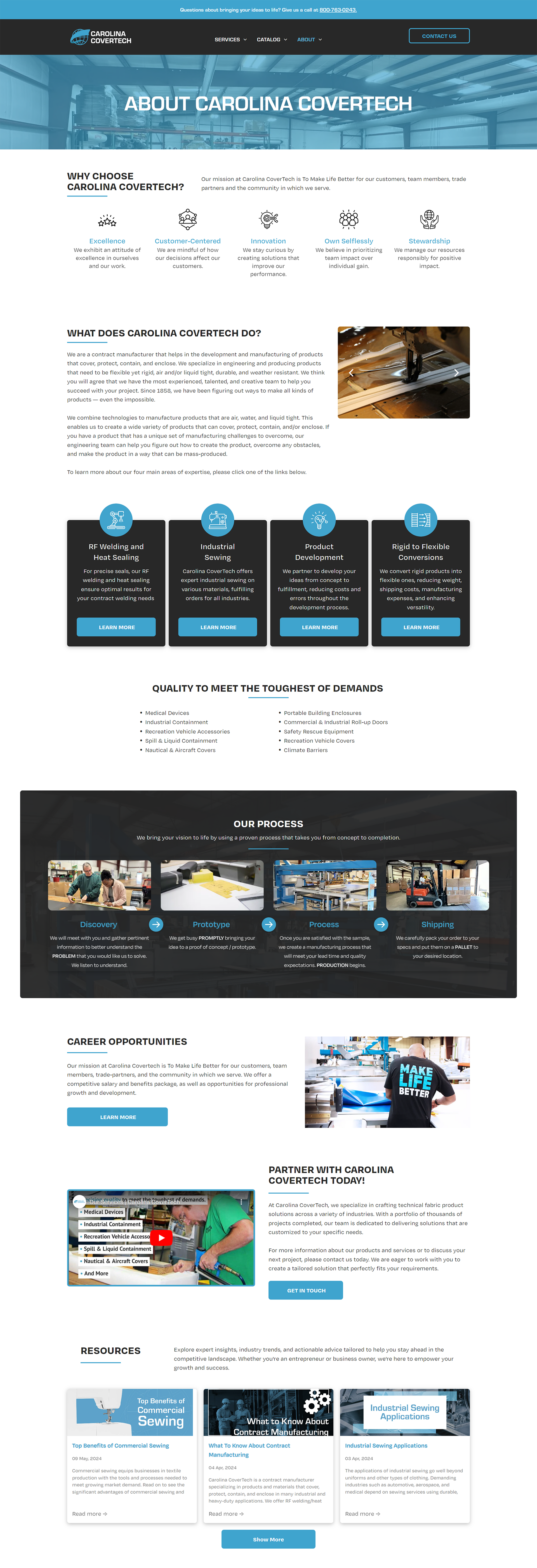 Website homepage with blue header, product icons, and promotional sections on a white background
